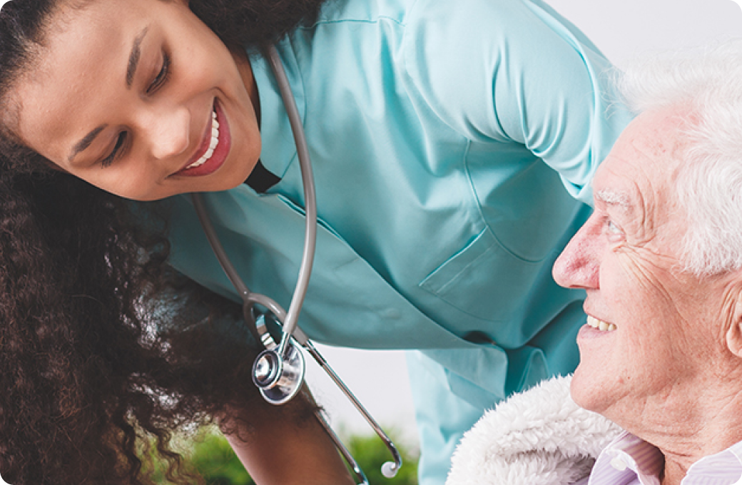 Close up of a person speaking to a doctor